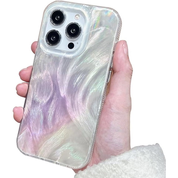 Gradient Feather Laser Curly Wavy Texture Aesthetic TPU Case Compatible with iPhone Case (iPhone 15,White-Pink)
