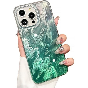 Gradient Feather Ripple Laser Aesthetic Shockproof Acrylic Case Compatible with iPhone Case (Gradient Green,iPhone 12)