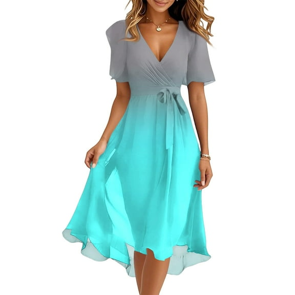 Gradient Flare Dress Women's Summer Fashion V-Neck Short Sleeve Flowy Swing Midi Dresses Casual Party Sundress,Cyan M