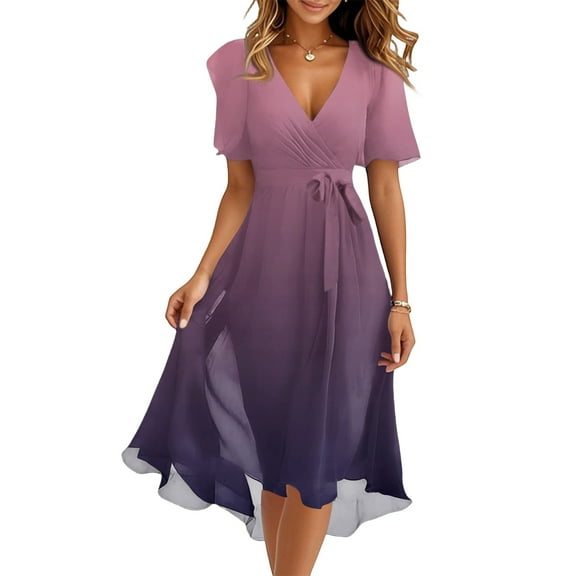 Gradient Flare Dress Women's Summer Fashion V-Neck Short Sleeve Flowy Swing Midi Dresses Casual Party Sundress,Purple L