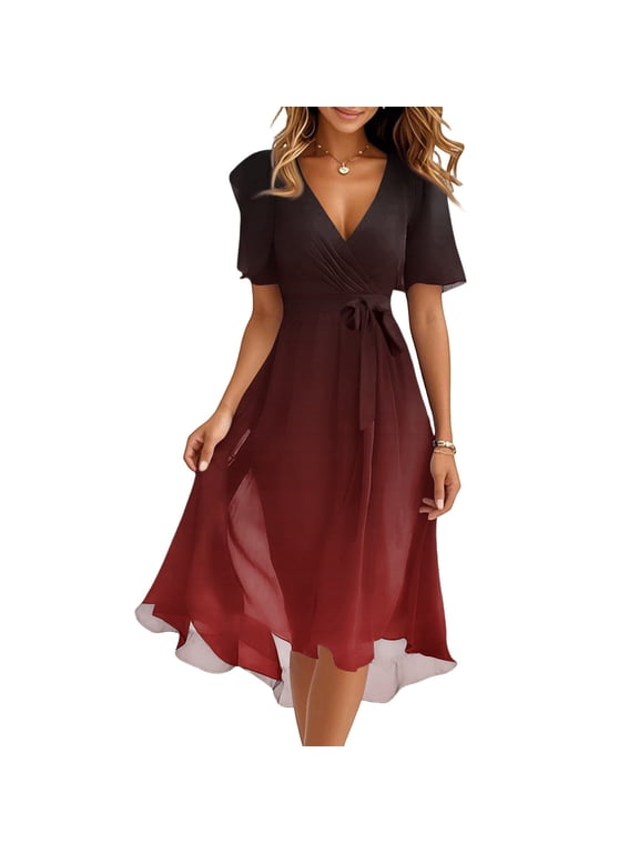 Gradient Flare Dress Women's Summer Fashion V-Neck Short Sleeve Flowy Swing Midi Dresses Casual Party Sundress,Red L