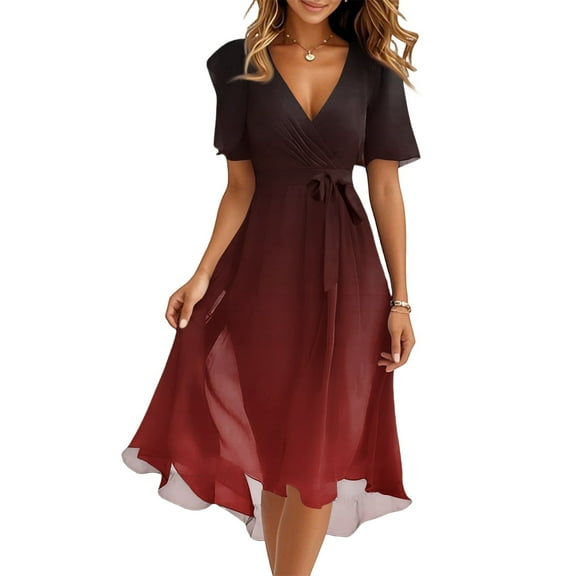 Gradient Flare Dress Women's Summer Fashion V-Neck Short Sleeve Flowy Swing Midi Dresses Casual Party Sundress,Red XL
