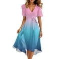 thumbnail image 1 of Gradient Flare Dress Women's Summer Fashion V-Neck Short Sleeve Flowy Swing Midi Dresses Casual Party Sundress,Sky Blue L, 1 of 6