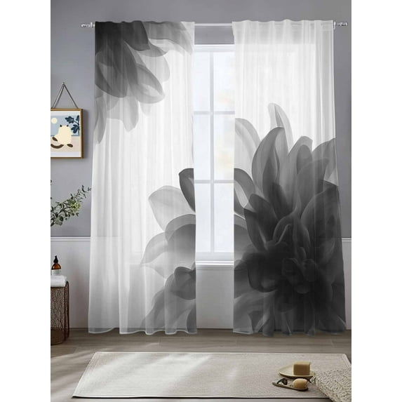 Gradient Floral Sheer Curtains 108 Inches Long 2 Panels Black Grey Translucent Flower Decorative Light Filtering Semi Sheer Window Curtains Drapes for Bedroom Living Room 52"x108"