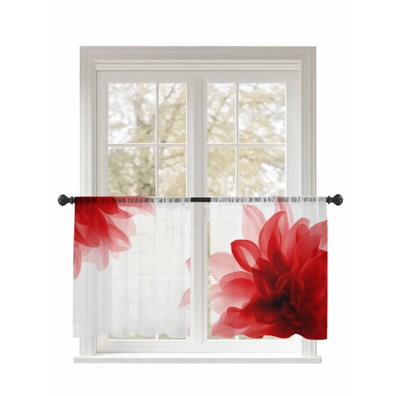 Gradient Floral Sheer Curtains 45 Inch Long 2 Panels, Red Translucent Flower Decorative Light Filtering Rod Pocket Semi Sheer Curtains, Sheer Voile Drapes for Living Room Bedroom, 52"x45"