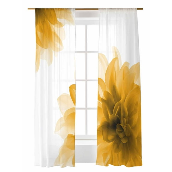 Gradient Floral Sheer Curtains 84 Inch Long 2 Panels, Yellow Translucent Flower Decorative Light Filtering Rod Pocket Semi Sheer Curtains, Sheer Voile Drapes for Living Room Bedroom, 52"x84"