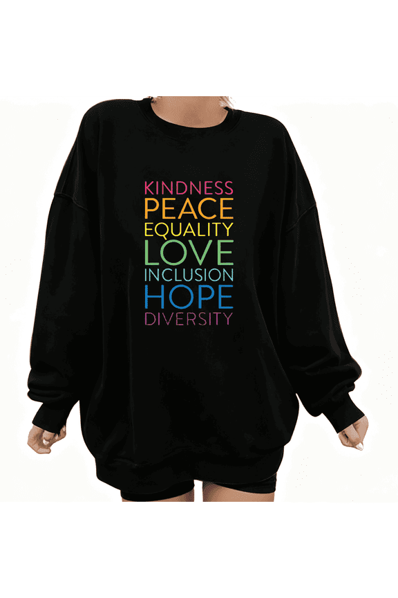 Gradient Font Rainbow Crewneck - Kindness Peace Equality Inclusive Long Sleeve Sweatshirt