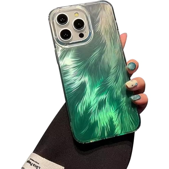 Gradient Foxtail Feather Pattern Laser Plating Case for iPhone Compatible with iPhone 13 Pro Max, Green