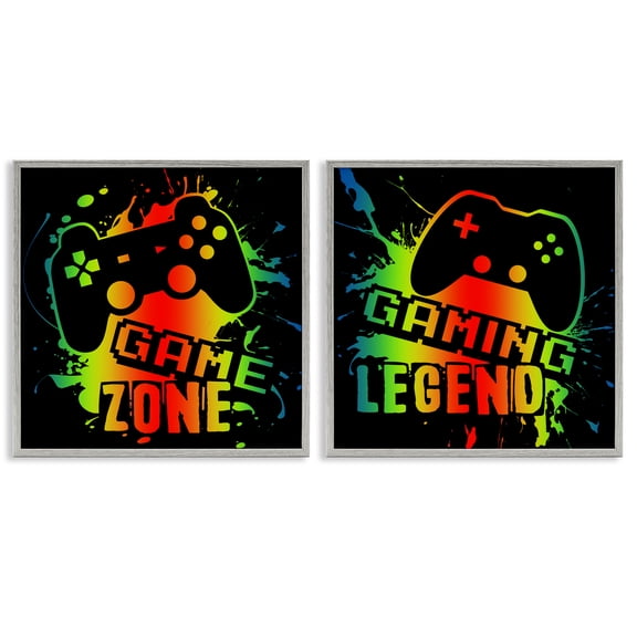 Stupell Industries Gradient Gaming Phrases 2 Piece Gray Framed Giclee Art Set, design by Marcus Prime