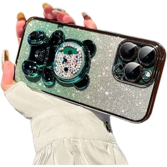 Gradient Glitter Bead Bear Phone Case, Hidden Stand, Silicone Material, Cartoon Cute Style for iPhone 14 13 12 11 Pro Max Plus XS XR 7 8 SE Phone Case (Green,iPhone 11)
