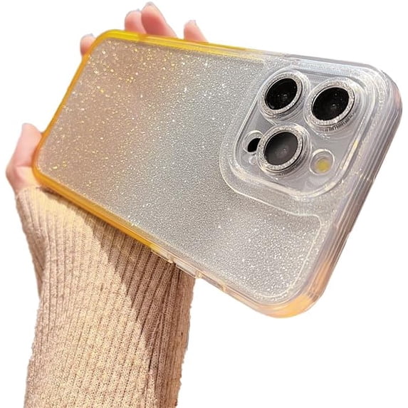 Gradient Glitter Bling Full Camera Lens Protection Compatible with iPhone Case (Yellow,iPhone 15)