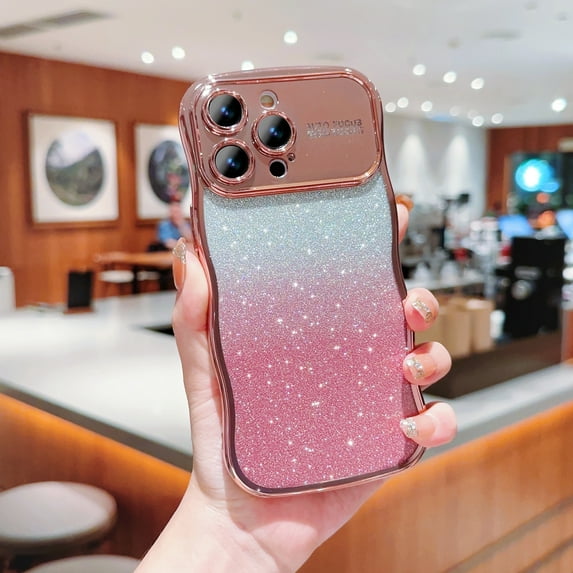 Gradient Glitter Case for iPhone 13, Electroplated Wave-Shaped Bumper Shockproof Scratch Resistant Luxury Sparkle Case with Camera Lens Protector for iPhone 13, Rosegold