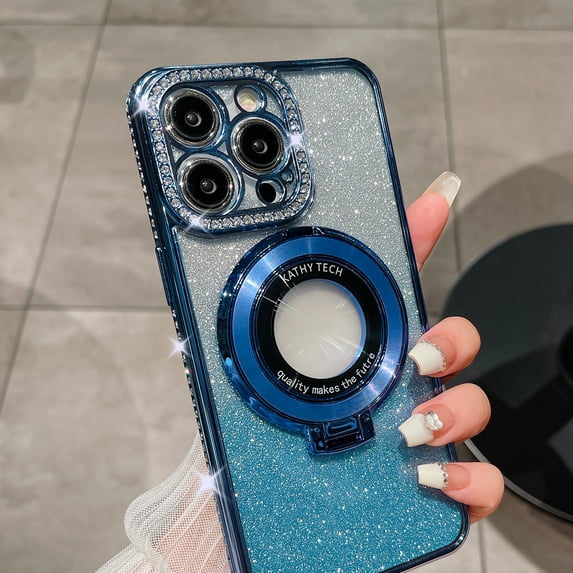 Gradient Glitter Case for iPhone 16 for Women & Girls, Luxury Bling Rhinestone Ring Kickstand Soft TPU Shockproof Slim Clear Back Case Compatible with MagSafe - Blue