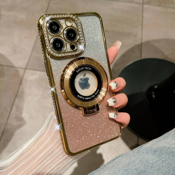 Gradient Glitter Case for iPhone 16 for Women & Girls, Luxury Bling Rhinestone Ring Kickstand Soft TPU Shockproof Slim Clear Back Case Compatible with MagSafe - Gold