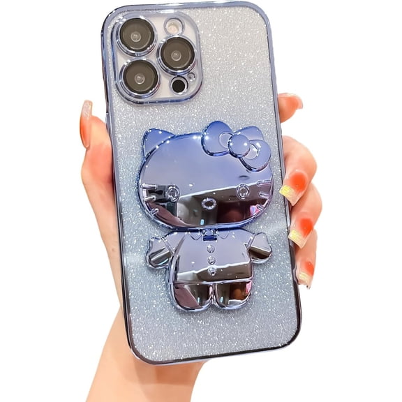 Gradient Glitter Cat Stand Phone Case, 360 Degree Rotatable Stand, Flip Open Can Be Used As Makeup Mirror for iPhone 15 14 13 12 11 Pro Max X XS XR 7 8 Phone Case (Blue,iPhone XR)