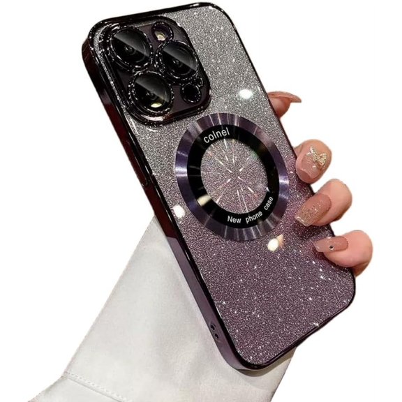 Gradient Glitter Magnifying Glass Plated case with CD Pattern, Comes with Lens Film, Full wrap Protection for iPhone 15 14 13 12 11 Pro Max Plus case (Dark Purple,iPhone 15 Pro Max)