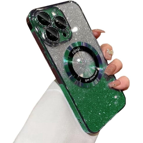 Gradient Glitter Magnifying Glass Plated case with CD Pattern, Comes with Lens Film, Full wrap Protection for iPhone 15 14 13 12 11 Pro Max Plus case (Green,iPhone 15)
