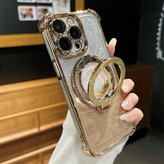 Gradient Glitter for Magsafe Quicksand Bracket Phone Case for iPhone 16 ProMax 15 14 13 12 11 Pro Max Plus Anti-fall Stand Cover Gold For iPhone 15 Plus