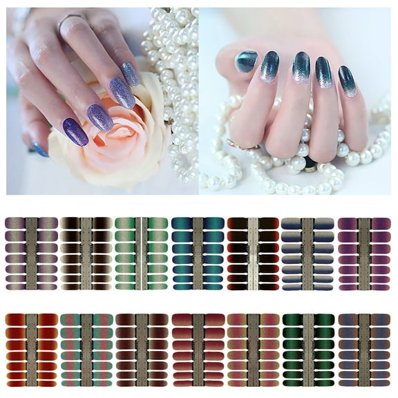 Gradient Glitter Nail Stickers Self- Decal Sheets Full Wraps Polish Strips 14 Color Stickers for Designs 14PCS
