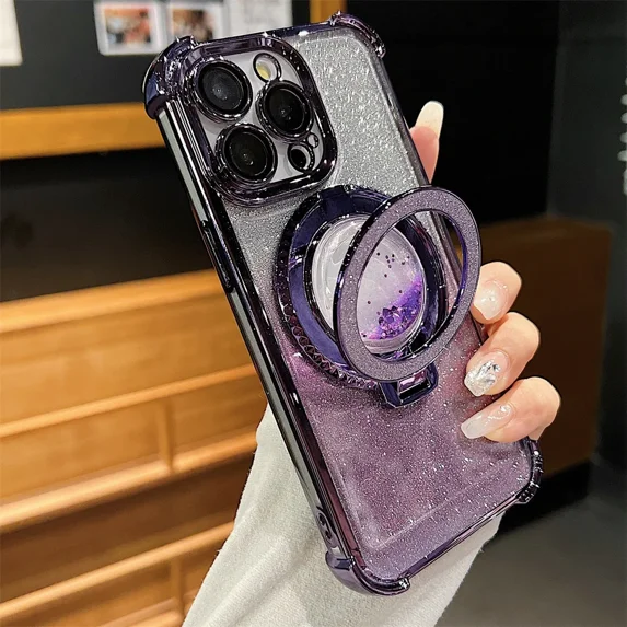 Gradient Glitter for Magsafe Quicksand Bracket Phone Case for iPhone 16 ProMax 15 14 13 12 11 Pro Max Plus Anti-fall Stand Cover PURPLE For iPhone 15