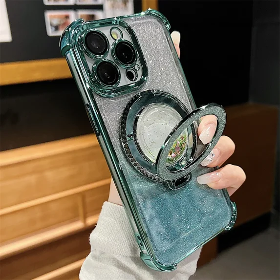 Gradient Glitter for Magsafe Quicksand Bracket Phone Case for iPhone 16 ProMax 15 14 13 12 11 Pro Max Plus Anti-fall Stand Cover green For iPhone 11