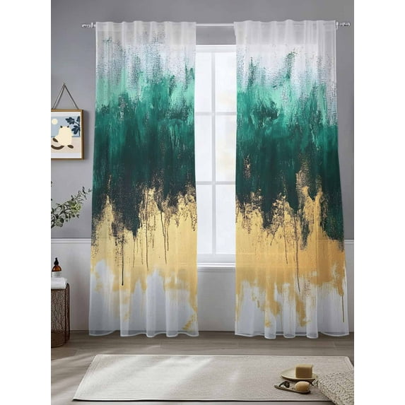 Gradient Gold Green Sheer Curtains 84 Inches Long 2 Panels Abstract Art Impressionist Style Light Filtering Semi Sheer Window Curtains Drapes for Bedroom Living Room 52"x84"