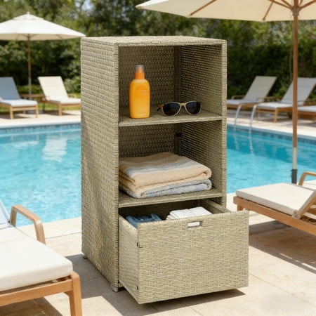 Gradient Gray Towel Rack PE Rattan 2 Upper Storage Shelves Bottom Drawer Water Resistant Steel Frame