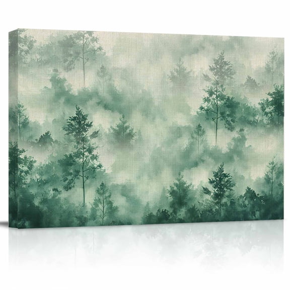 Gradient Green Canvas Print Wall Art Modern Abstract Art Watercolor Green Forest Tree Fog Linen Pictures Painting Morden Artwork for Living Room Bedroom, Ready to Hang - 12"x16"