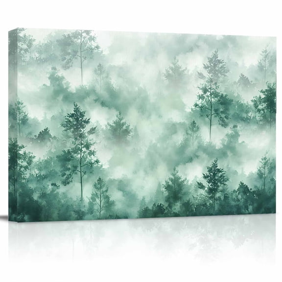 Gradient Green Canvas Print Wall Art Modern Abstract Art Watercolor Green Forest Tree Fog Pictures Painting Morden Artwork for Living Room Bedroom, Ready to Hang - 12"x16"