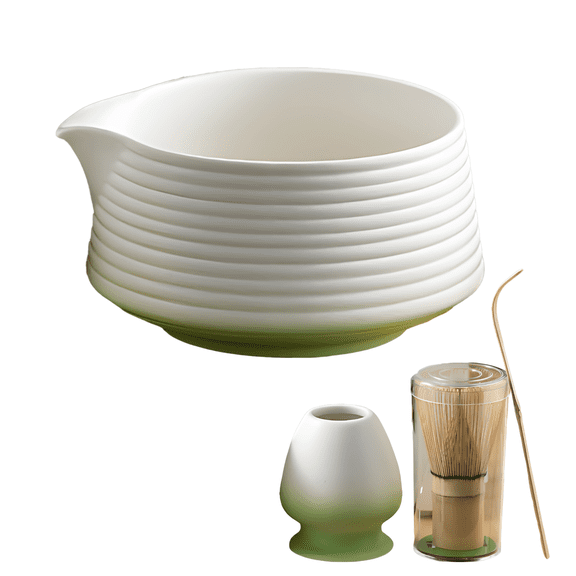 Gradient Green Ceramic Matcha Whisk Set, Include 4 Items, 16.9 fl oz / 500 ml Matcha Bowl with Spout, Bamboo Whisk, Holder & Scoop, Traditional Japanese Tea Ceremony, Thoughtful Gift