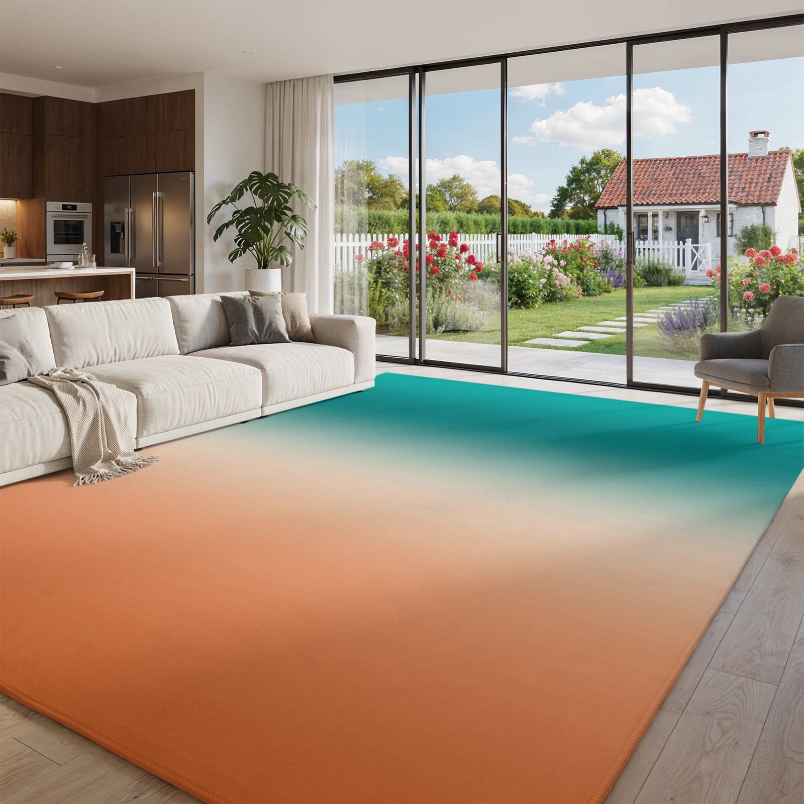Gradient Green Orange Area Rug 5'x7', Non-Slip Washable Rectangle Large ...