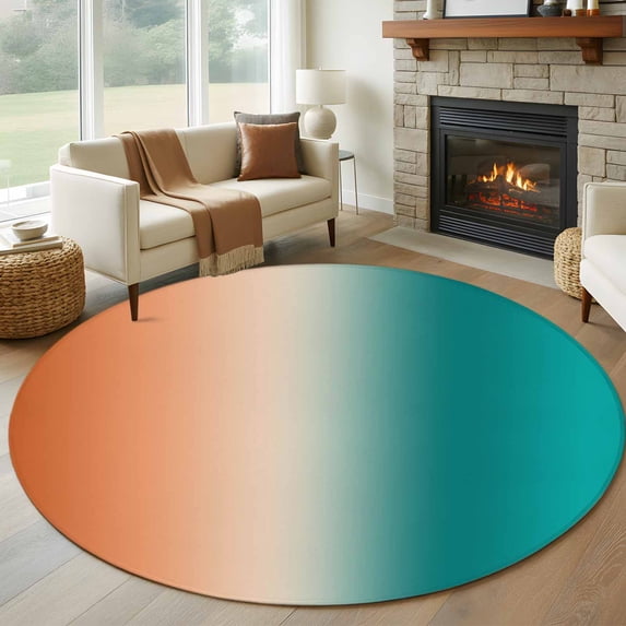 Gradient Green Orange Round Living Room Rugs 8 ft, Modern Abstract Minimalist Teal Brown Ocean Beach Washable Large Area Rug with Non-Slip Sturdy Edge Binding Round Carpet for Dining Room Kitchen