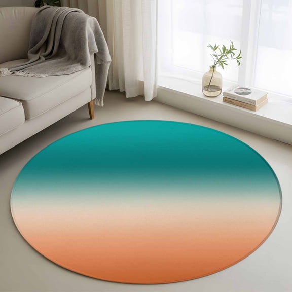 Gradient Green Round Area Rugs 3 ft, Modern Minimalist Green Orange Ocean Beach Washable Small Area Rug with Non-Slip Sturdy Edge Binding Round Front Door Mat Floor Carpet for Entryway