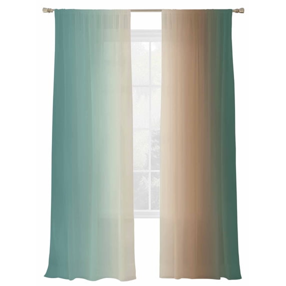 Gradient Green Sheer Curtains 2 Panels Set Modern Minimalist Brown Green Ocean Beach Sheer Window Curtains Light Filtering Rod Pocket Voile Drapes for Bedroom Living Room 52"X96"
