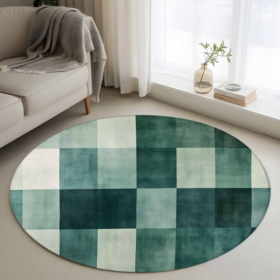 Gradient Green Square 3FT Round Area Rugs for Living Room Modern Watercolor Art Ultra-Thin Non-Slip Round Rugs Machine Washable Low Pile Circle Carpet for Bedroom Kitchen Nursery