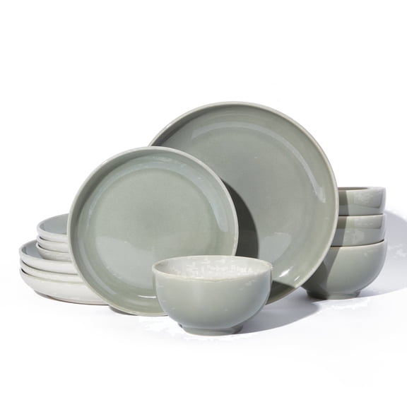 Pokini Stoneware Dinnerware Sets, Ceramic Plates and Bowls Sets, Microwaveable & Dishwasher Safe Dish Sets for 4, Kitchen Dinner Plates & Cereal Bowls, Gray Green