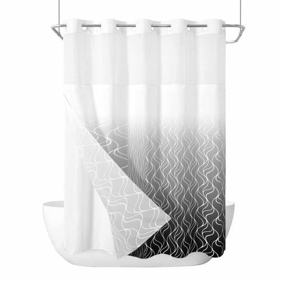 Gradient Grey No Hook Shower Curtain with Snap in Liner Abstract Morocco Grey Curved Lines Waterproof Bathroom Shower Curtain with See Through Top Window for Bathtub 72" x 84"