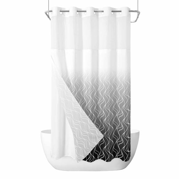 Gradient Grey No Hook Shower Curtain and Snap in Liner Set, Abstract Morocco Grey Curved Lines Waterproof Shower Curtain Liner Set with Mesh Top Window for Bathroom 36x78in