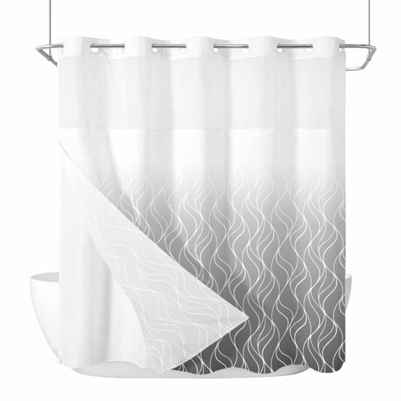 Gradient Grey No Hook Shower Curtain and Snap in Liner Set, Abstract Morocco Grey Curved Lines Waterproof Shower Curtain Liner Set with Mesh Top Window for Bathroom 72x72in