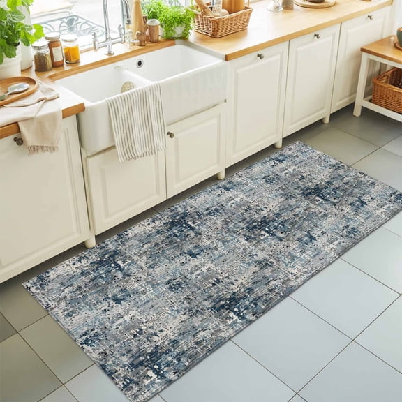 Gradient Grey Navy Blue Rectangle Area Rug 2x6ft,Living Room Rug Non-Slip Washable Circle Rugs Pad,Abstract Mottled Vintage Soft Floor Carpet for Bedroom Dining Room