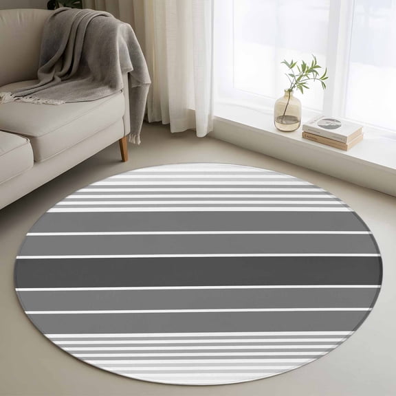 Gradient Grey Striped Round Area Rug 3 FT, Small Kitchen Bathroom Mats, Simple Farm Stripes Minimalist Washable Indoor Outdoor Throw Runner Carpet Non-Shedding Doormat for Table Shower Sofa Entryway