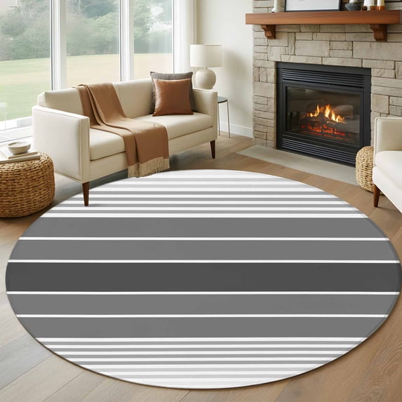 Gradient Grey Striped Round Area Rug 6 FT, Non Slip Bedroom Rugs, Simple Farm Stripes Minimalist Washable Soft Circular Carpet Non-Shedding Floor Mat for Kitchen Dining Room Home Office Kids Room