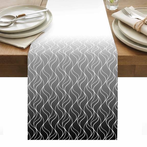 Gradient Grey Table Runner 13 x 48 Inch, Abstract Morocco Grey Curved Lines Washable Cotton Linen Dining Table Runner Tabletop Decorations for Restaurant Home Kitchen Party
