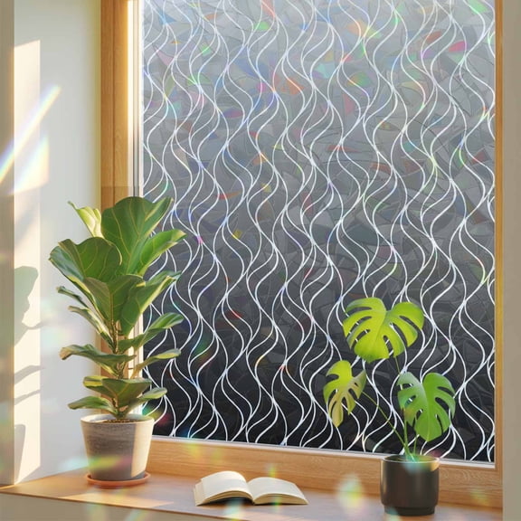 Gradient Grey Window Privacy Film, Abstract Morocco Grey Curved Lines Stained Glass Rainbow Film Decorative Window Clings, Static Cling Sun Blocking Stickers 23.6" x 59"