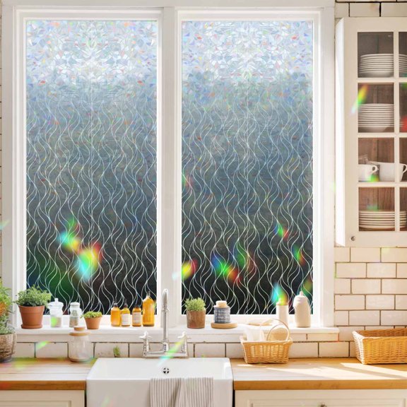 Gradient Grey Window Privacy Film Abstract Morocco Grey Curved Lines Static Cling Stained Glass Window Film Non-Adhesive Decorative Decals Rainbow Sticker 17.7"X39.3"