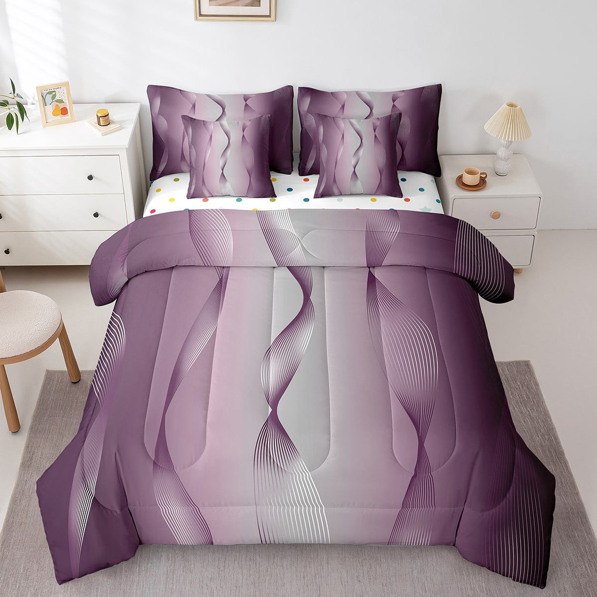 Gradient Greyish White and Purple Bed in a Bag Queen Comforter Set 7 ...
