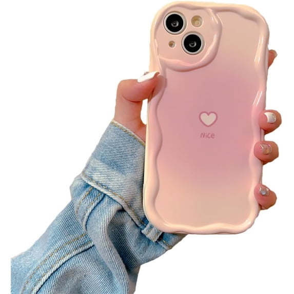 Gradient Halo Dyeing Love Heart Wavy Frame Phone Case Compatible with iPhone Case (Pink,iPhone 14 Pro)