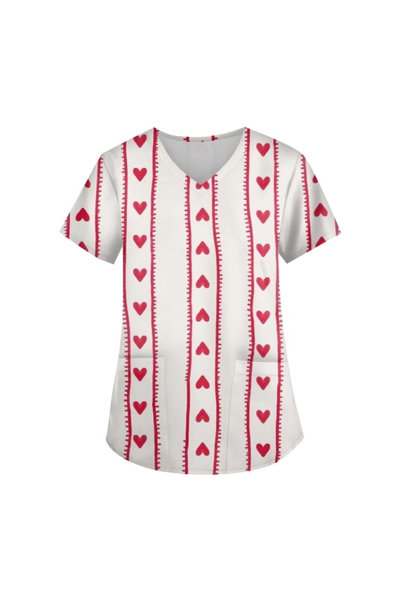 Gradient Heart Print V-Neck Caregiver Top - Women's Short Sleeve Valentine's Day Uniform with Pocket, Versatile Fashion Top for Work & Daily Outings