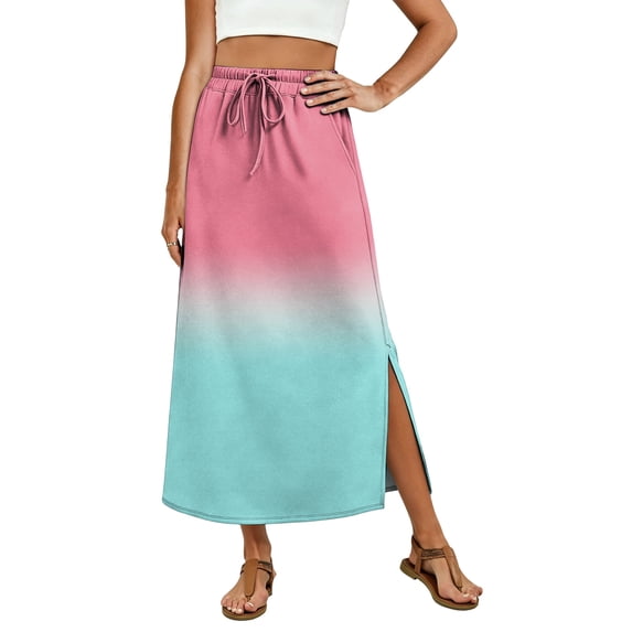Gradient High Waisted Skirt, Casual Flowy Long Skirt with Slit and Pockets, Summer Ombre A-Line Slacks