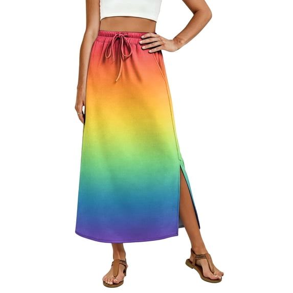 Gradient High Waisted Skirt, Casual Flowy Long Skirt with Slit and Pockets, Summer Ombre A-Line Slacks